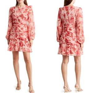 NEW ASTR The Label PINK FLORAL Chiffon TWIST Cutout PLEATED Long Sleeve DRESS M